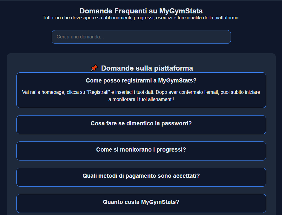 Sezione FAQ – Risposte Chiare per l’Utente MyGymStats - Sito Web Portfolio